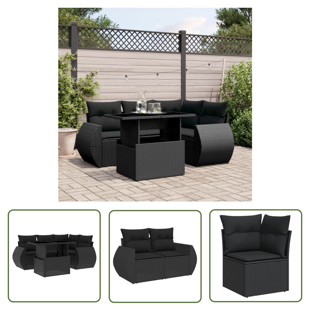 The Living Store 5-cz. zestaw wypoczynkowy do ogrodu - poduszki - czarny rattan PE - Sofa Ogrodowa
