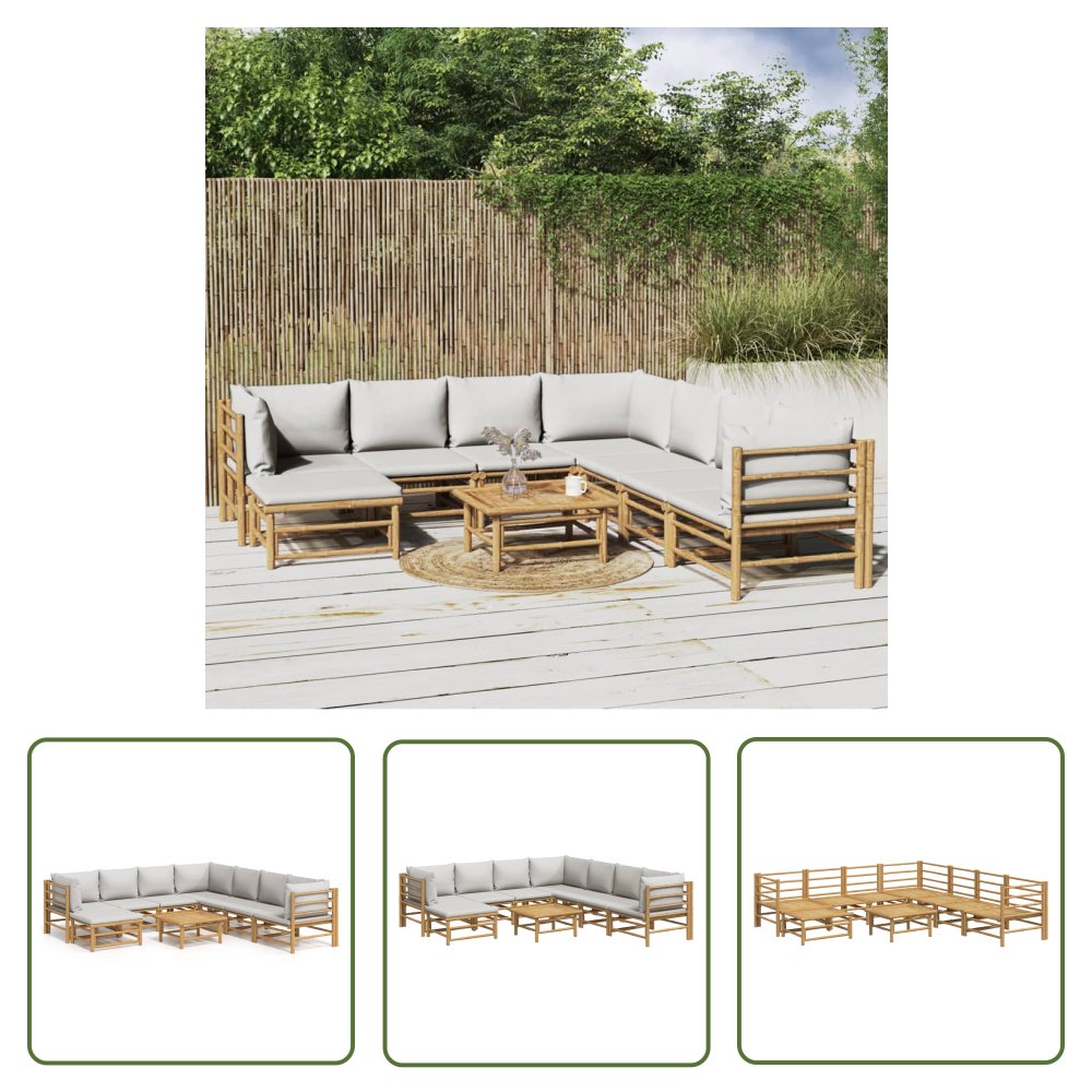 The Living Store 9-cz. zestaw mebli do ogrodu - jasnoszare poduszki - bambus - Zestaw Wypoczynkowy Do Ogrodu