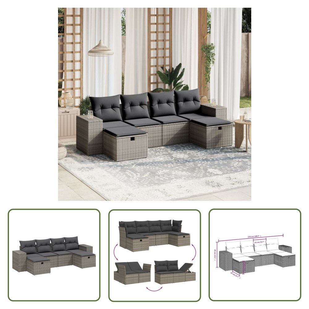The Living Store 6-cz. zestaw mebli ogrodowych z poduszkami - szary - polirattan - Sofa Ogrodowa