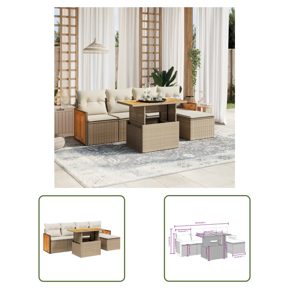 The Living Store 6-cz. zestaw mebli ogrodowych z poduszkami - beżowy - polirattan - Sofa Ogrodowa