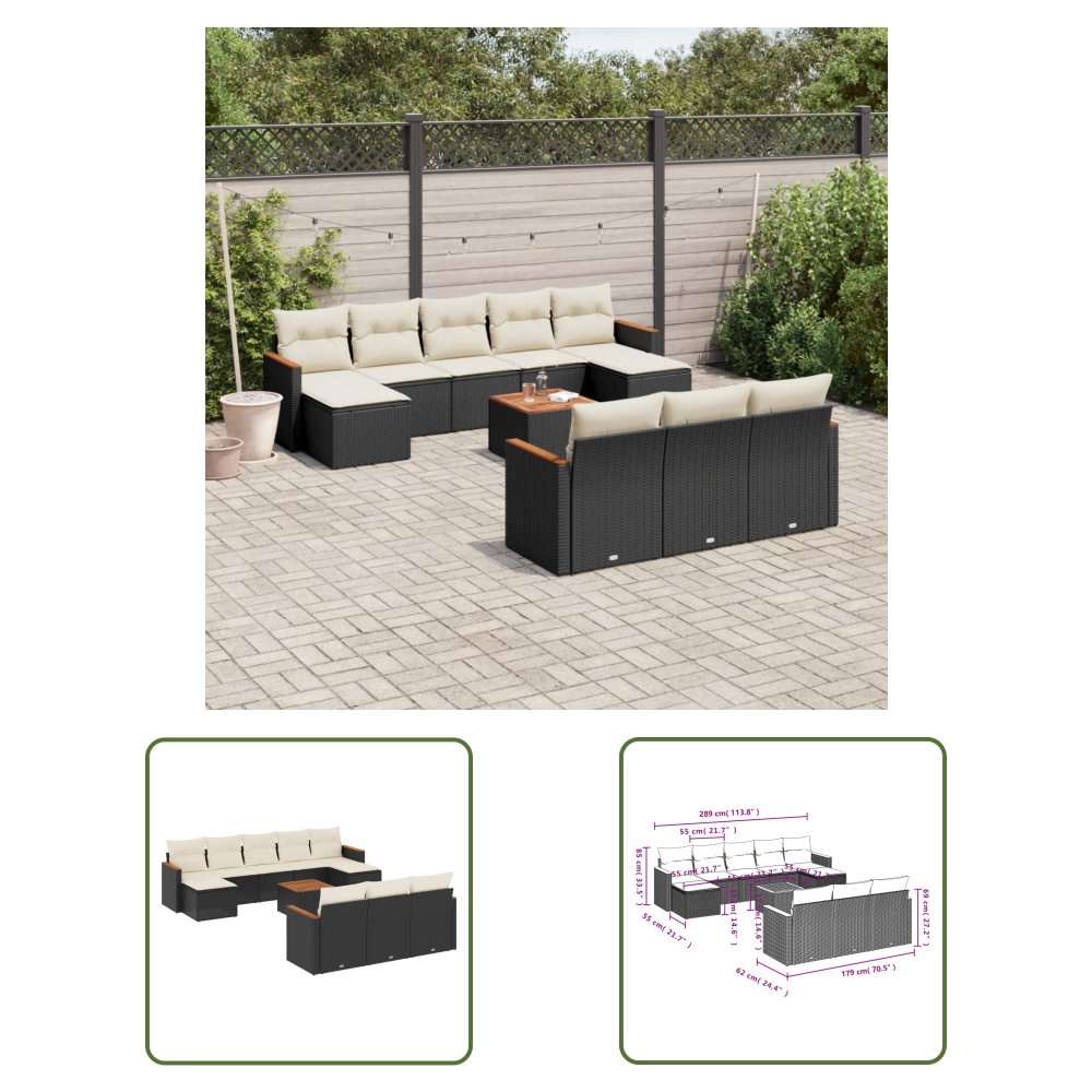 The Living Store 11-cz. zestaw wypoczynkowy do ogrodu - poduszki czarny rattan PE - Sofa Ogrodowa