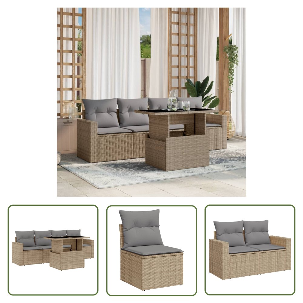 The Living Store 5-cz. zestaw mebli ogrodowych z poduszkami - beżowy - polirattan - Sofa Ogrodowa