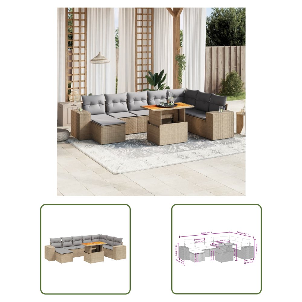 The Living Store 9-cz. zestaw mebli ogrodowych z poduszkami - beżowy - polirattan - Sofa Ogrodowa