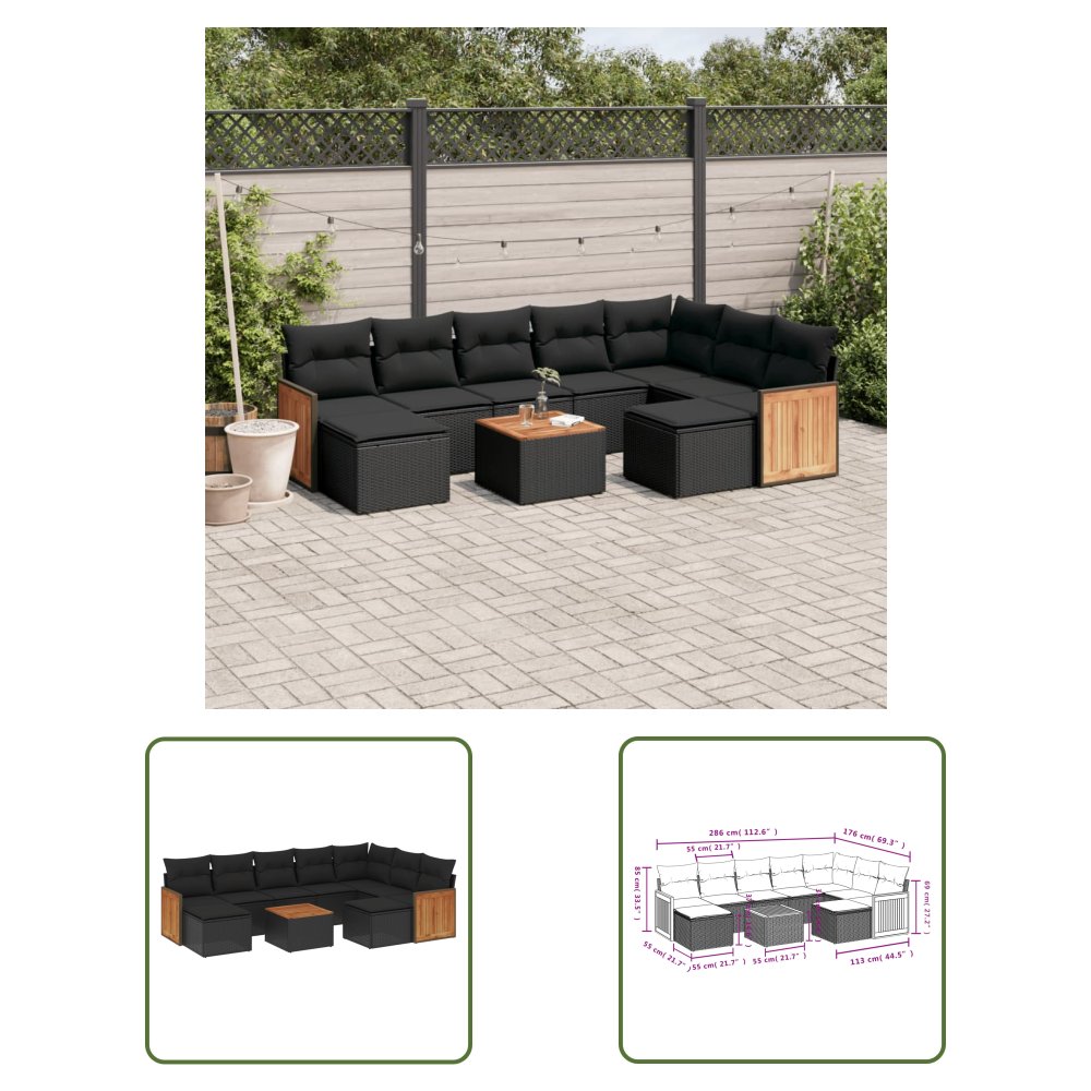 The Living Store 10-cz. zestaw wypoczynkowy do ogrodu - poduszki czarny rattan PE - Sofa Ogrodowa