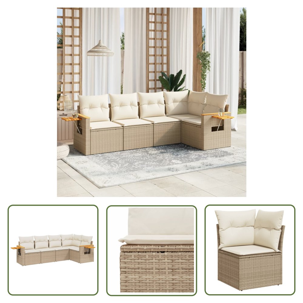 The Living Store 5-cz. zestaw mebli ogrodowych z poduszkami - beżowy - polirattan - Sofa Ogrodowa