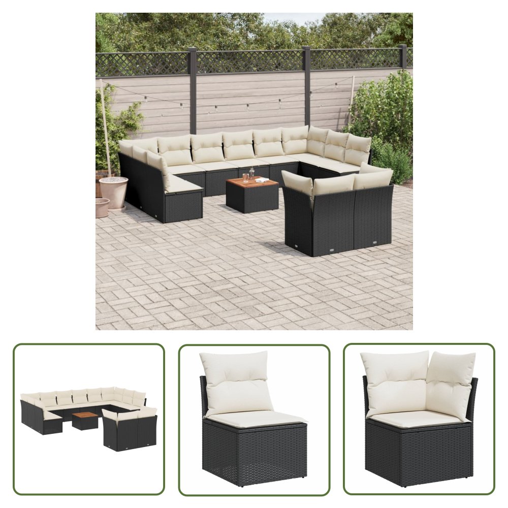 The Living Store 13-cz. zestaw mebli do ogrodu - poduszki - czarny - rattan PE - Sofa Ogrodowa