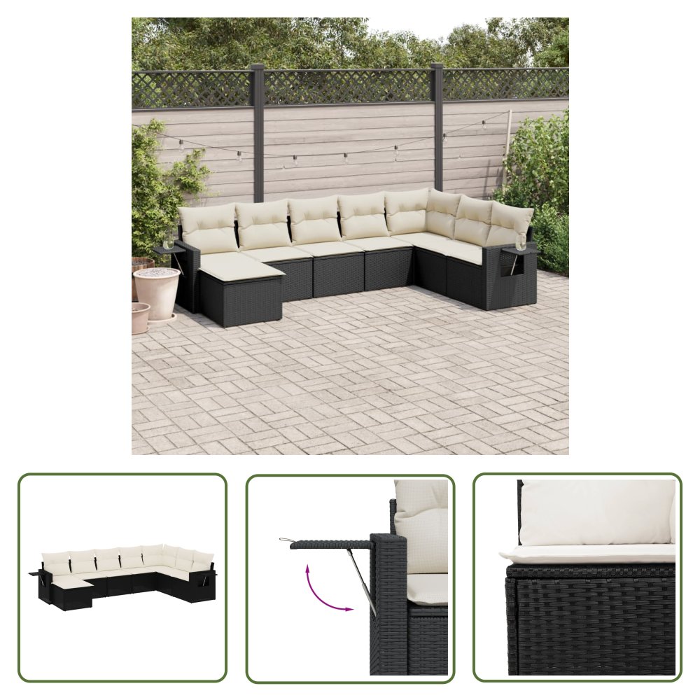 The Living Store 8-cz. zestaw wypoczynkowy do ogrodu - z poduszkami - czarny - Sofa Ogrodowa