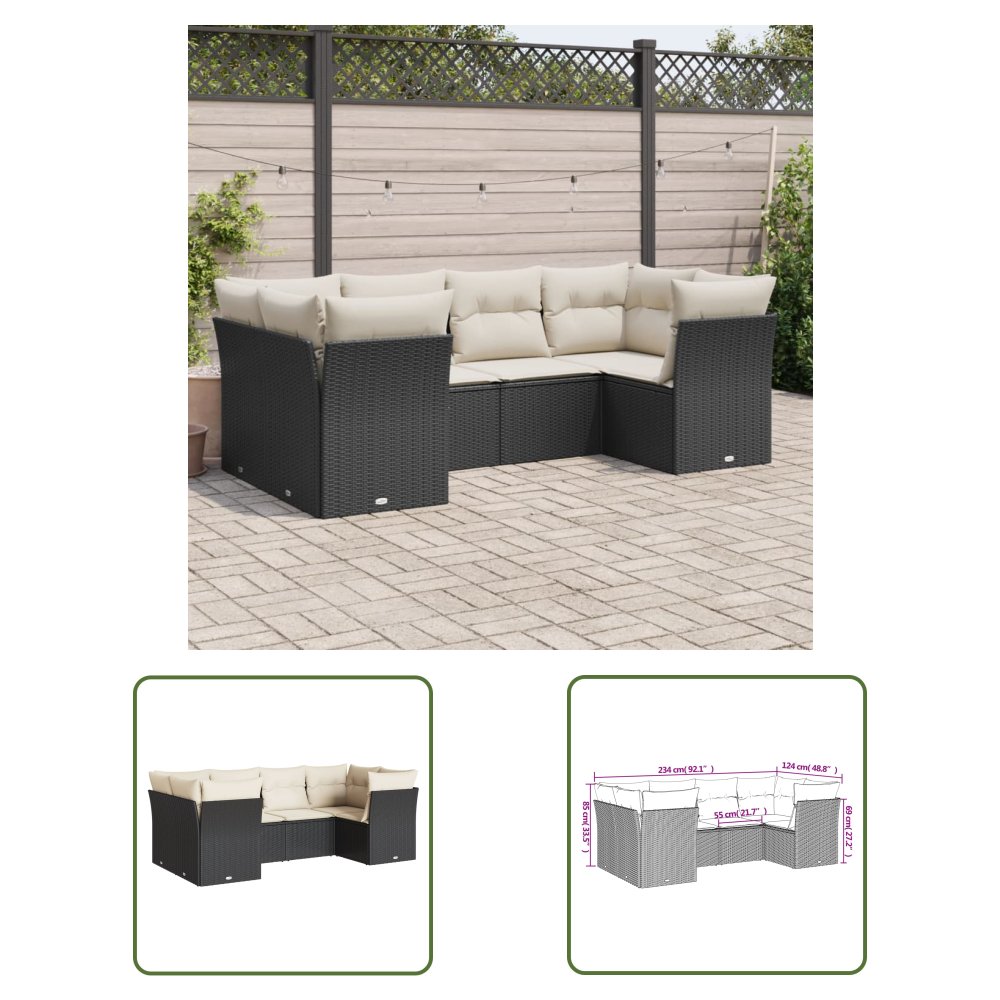 The Living Store 6-cz. zestaw mebli ogrodowych z poduszkami - czarny polirattan - Sofa Ogrodowa