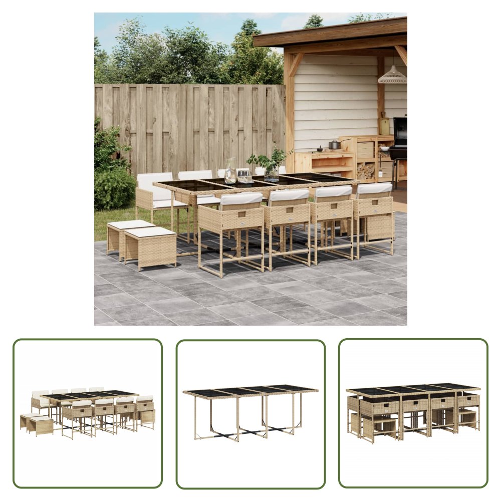 The Living Store 13-cz. zestaw mebli ogrodowych z poduszkami - beżowy - polirattan - Meble Ogrodowe