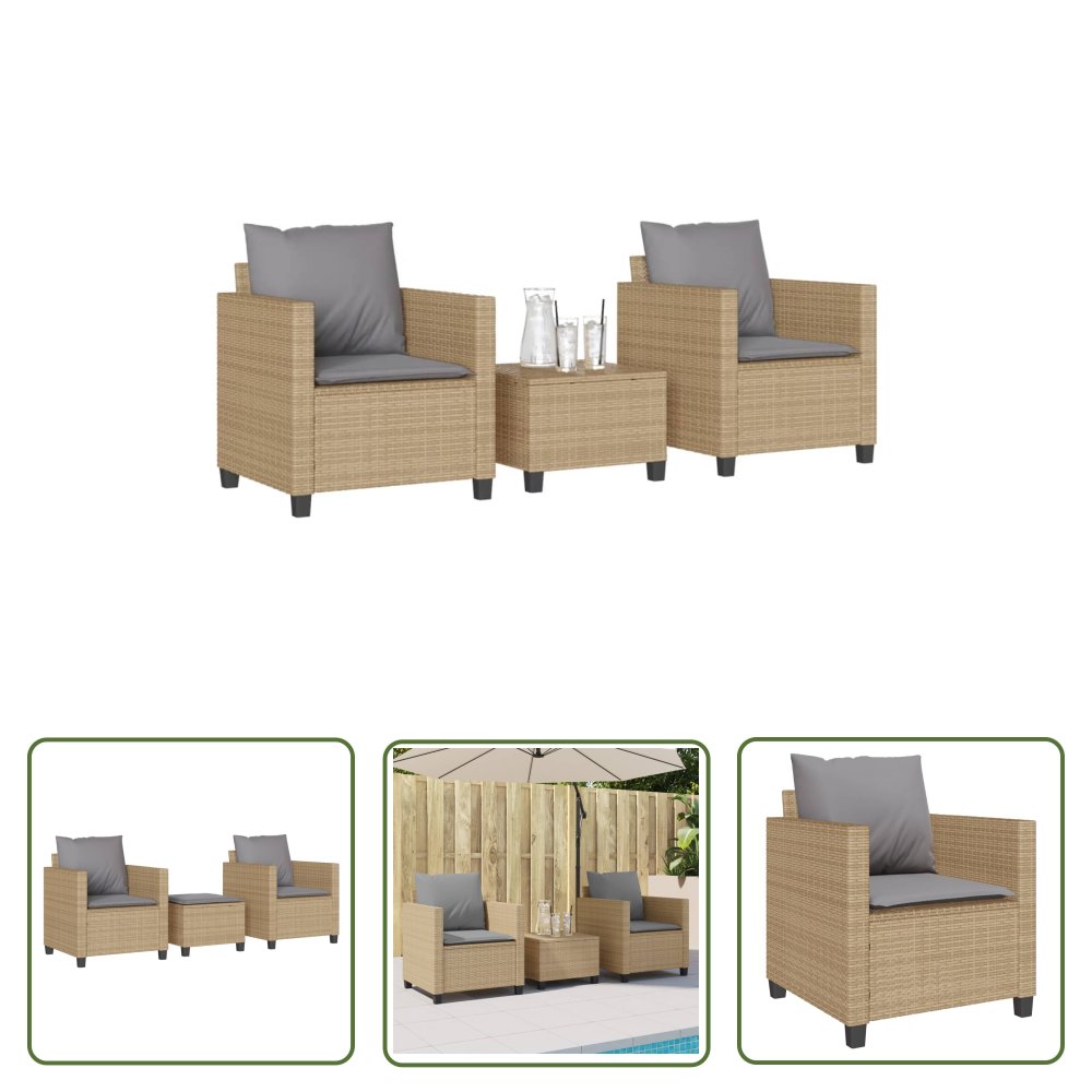 The Living Store 3-cz. zestaw mebli bistro z poduszkami - beżowy - polirattan - Zestaw Mebli Bistro