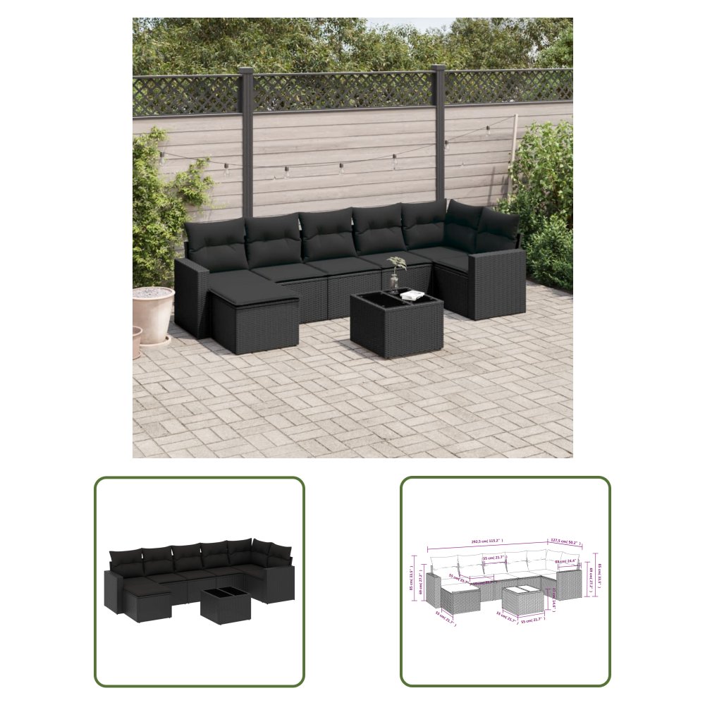 The Living Store 8-cz. zestaw wypoczynkowy do ogrodu - z poduszkami - czarny - Sofa Ogrodowa
