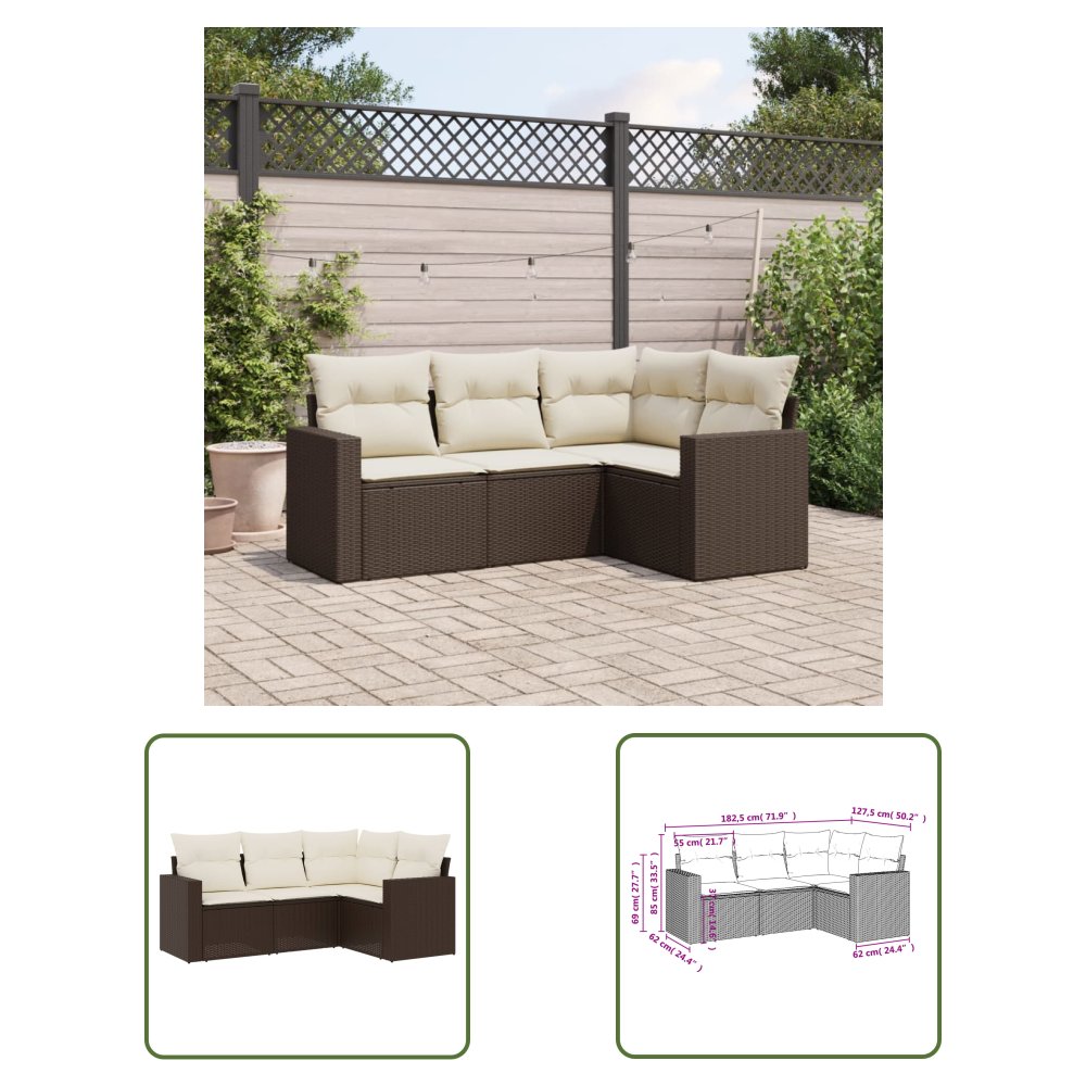 The Living Store 4-cz zestaw wypoczynkowy do ogrodu - poduszki - brązowy rattan PE - Sofa Ogrodowa