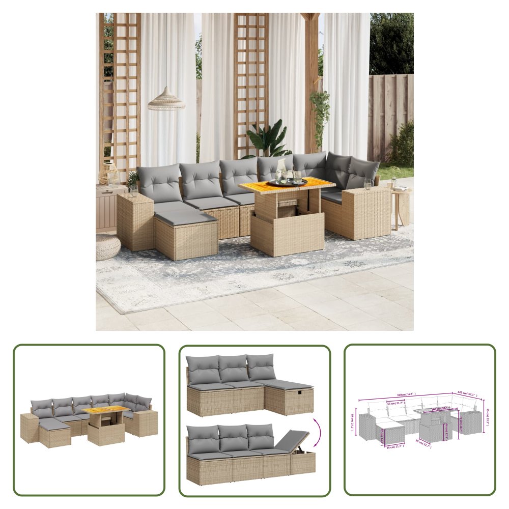 The Living Store 8-cz. zestaw mebli ogrodowych z poduszkami - beżowy - polirattan - Sofa Ogrodowa