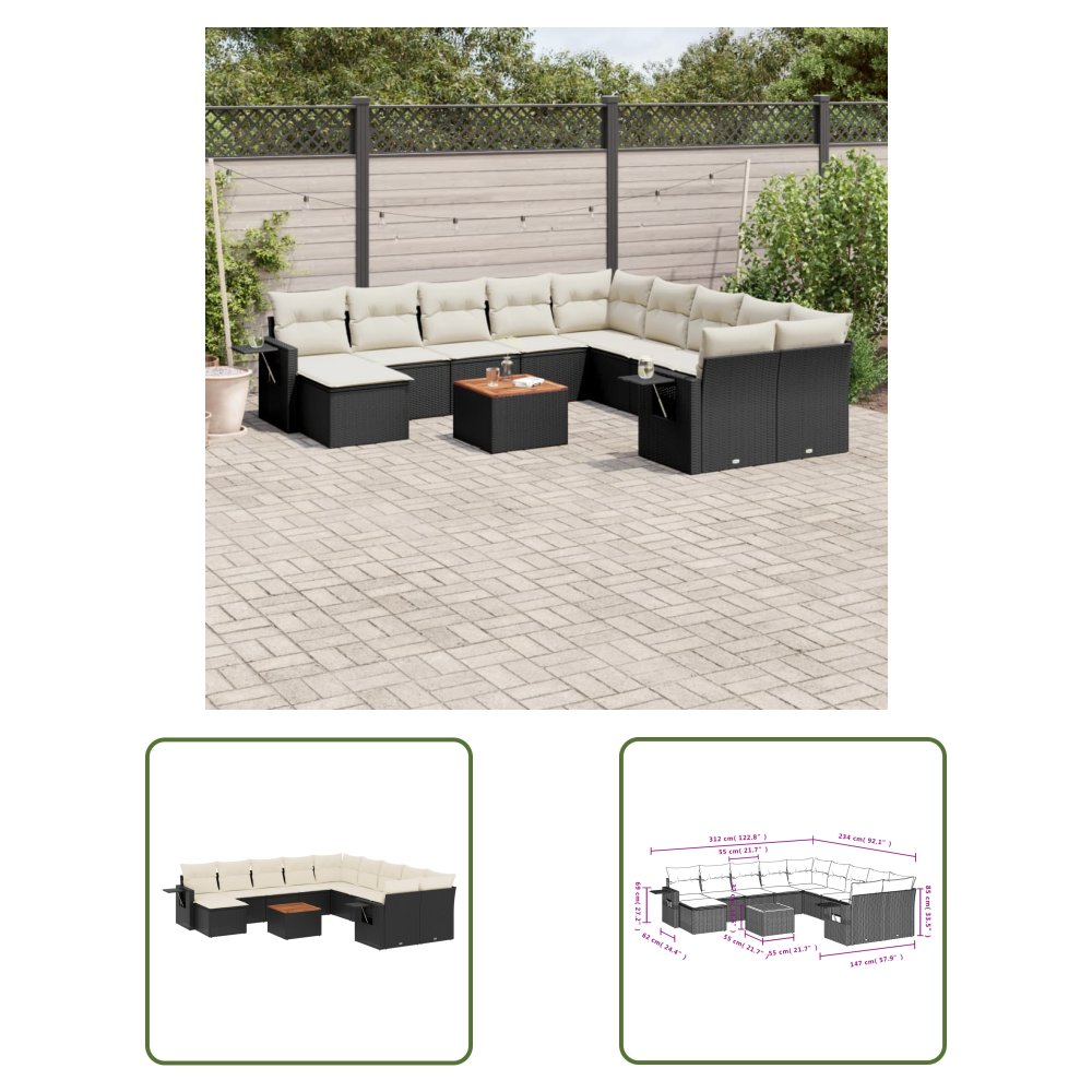The Living Store 12-cz. zestaw mebli do ogrodu - z poduszkami - czarny - polirattan - Sofa Ogrodowa