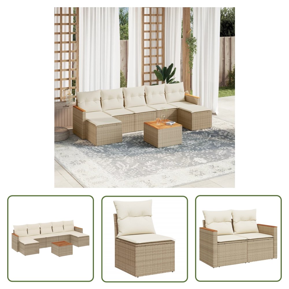 The Living Store 8-cz. zestaw mebli ogrodowych z poduszkami - beżowy - polirattan - Sofa Ogrodowa