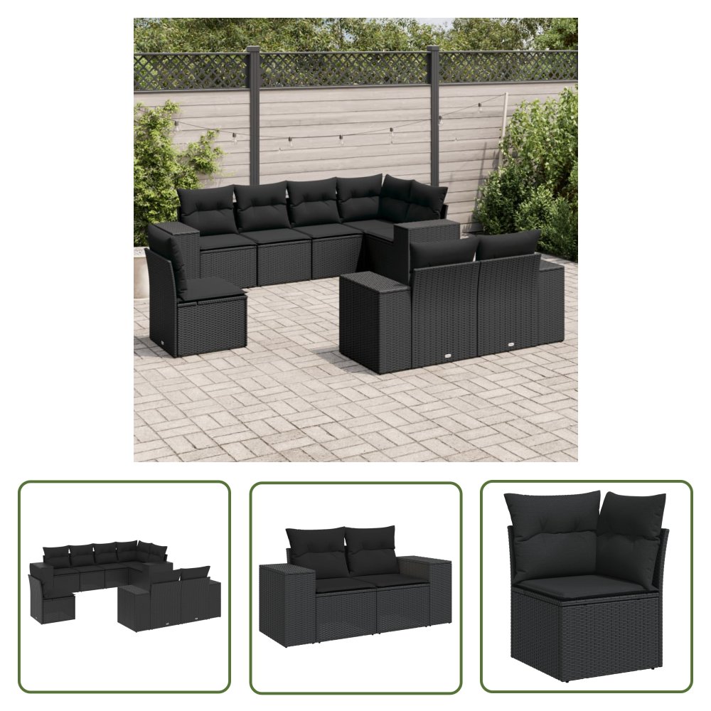 The Living Store 8-cz. zestaw wypoczynkowy do ogrodu - z poduszkami - czarny - Sofa Ogrodowa