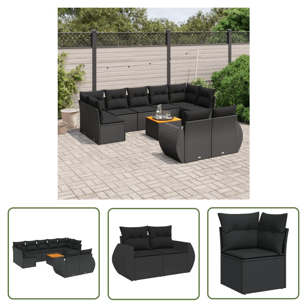 The Living Store 10-cz. zestaw wypoczynkowy do ogrodu - poduszki czarny rattan PE - Sofa Ogrodowa