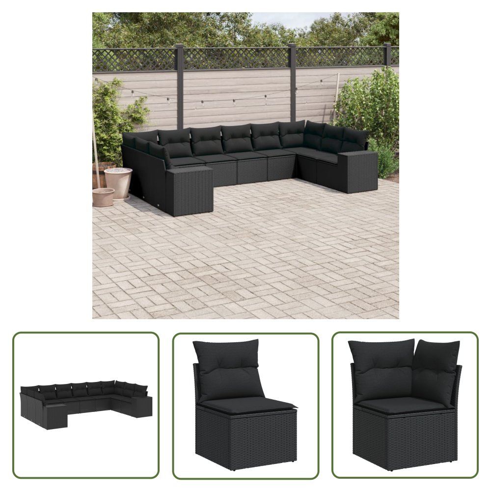 The Living Store 10-cz. zestaw wypoczynkowy do ogrodu - poduszki czarny rattan PE - Sofa Ogrodowa