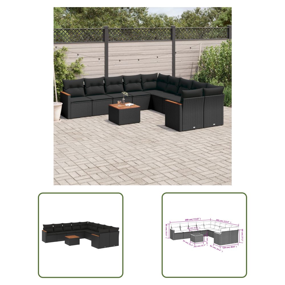 The Living Store 11-cz. zestaw wypoczynkowy do ogrodu - poduszki czarny rattan PE - Sofa Ogrodowa