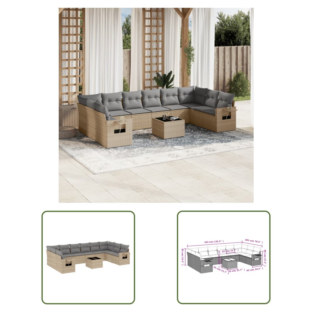The Living Store 11-cz. zestaw mebli ogrodowych z poduszkami - beżowy - polirattan - Sofa Ogrodowa