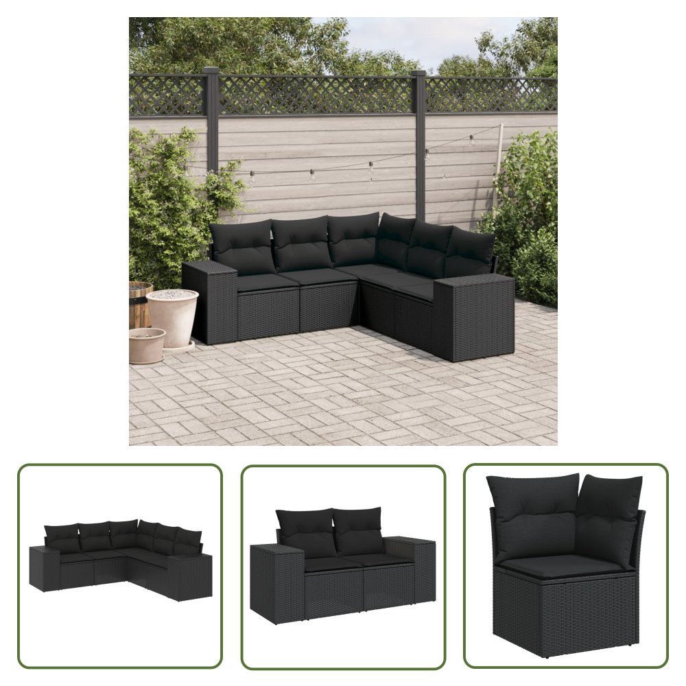 The Living Store 5-cz. zestaw wypoczynkowy do ogrodu - poduszki - czarny rattan PE - Sofa Ogrodowa