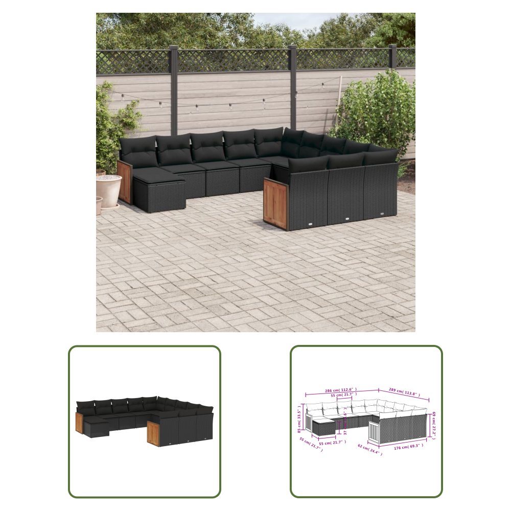 The Living Store 12-cz. zestaw mebli do ogrodu - z poduszkami - czarny - polirattan - Sofa Ogrodowa