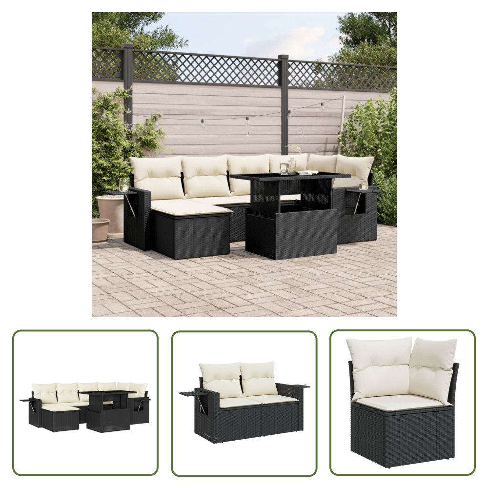 The Living Store 7-cz. zestaw wypoczynkowy do ogrodu - z poduszkami - czarny - Sofa Ogrodowa