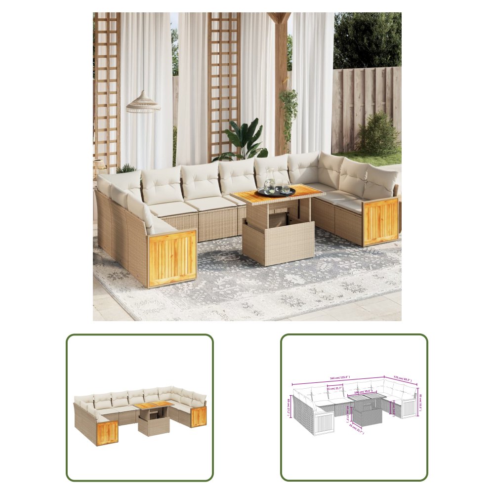 The Living Store 11-cz. zestaw mebli ogrodowych z poduszkami - beżowy - polirattan - Sofa Ogrodowa