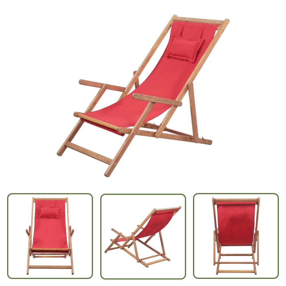 The Living Store Składany leżak plażowy - tkanina i drewniana rama - czerwony - Leżak