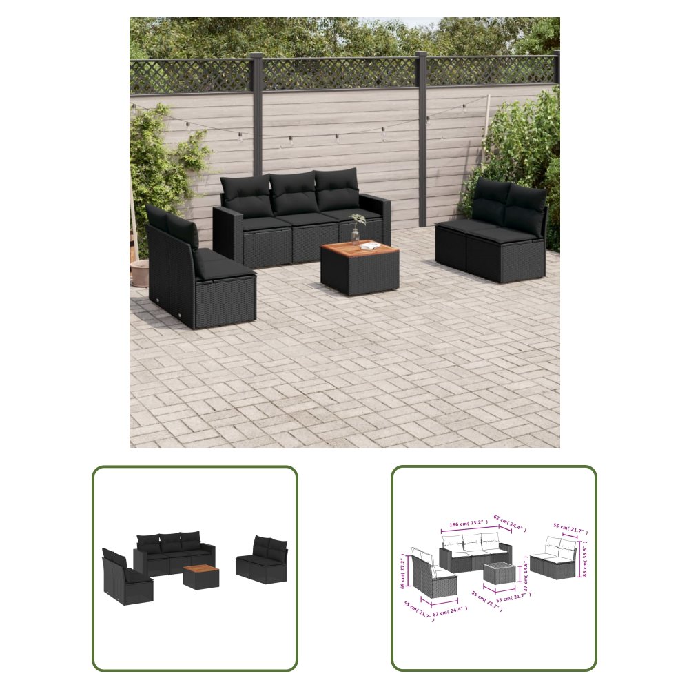 The Living Store 8-cz. zestaw wypoczynkowy do ogrodu - z poduszkami - czarny - Sofa Ogrodowa