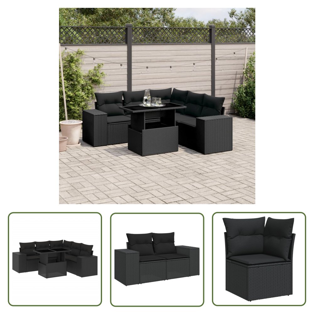 The Living Store 6-cz. zestaw mebli ogrodowych z poduszkami - czarny polirattan - Sofa Ogrodowa