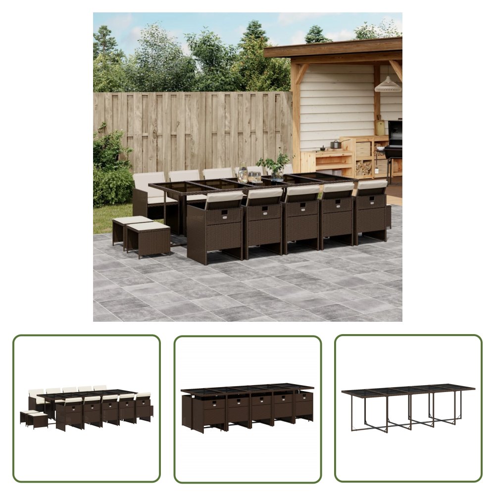 The Living Store 15-cz. zestaw mebli ogrodowych z poduszkami - brązowy - rattan PE - Meble Ogrodowe