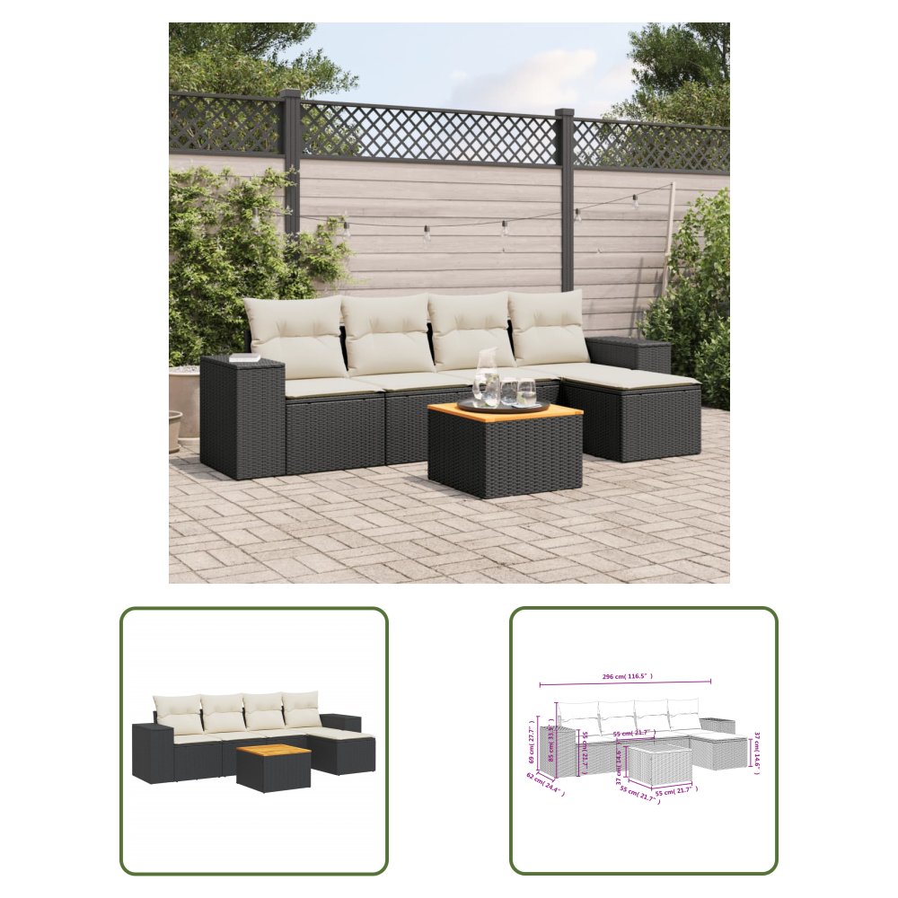 The Living Store 6-cz. zestaw mebli ogrodowych z poduszkami - czarny polirattan - Sofa Ogrodowa