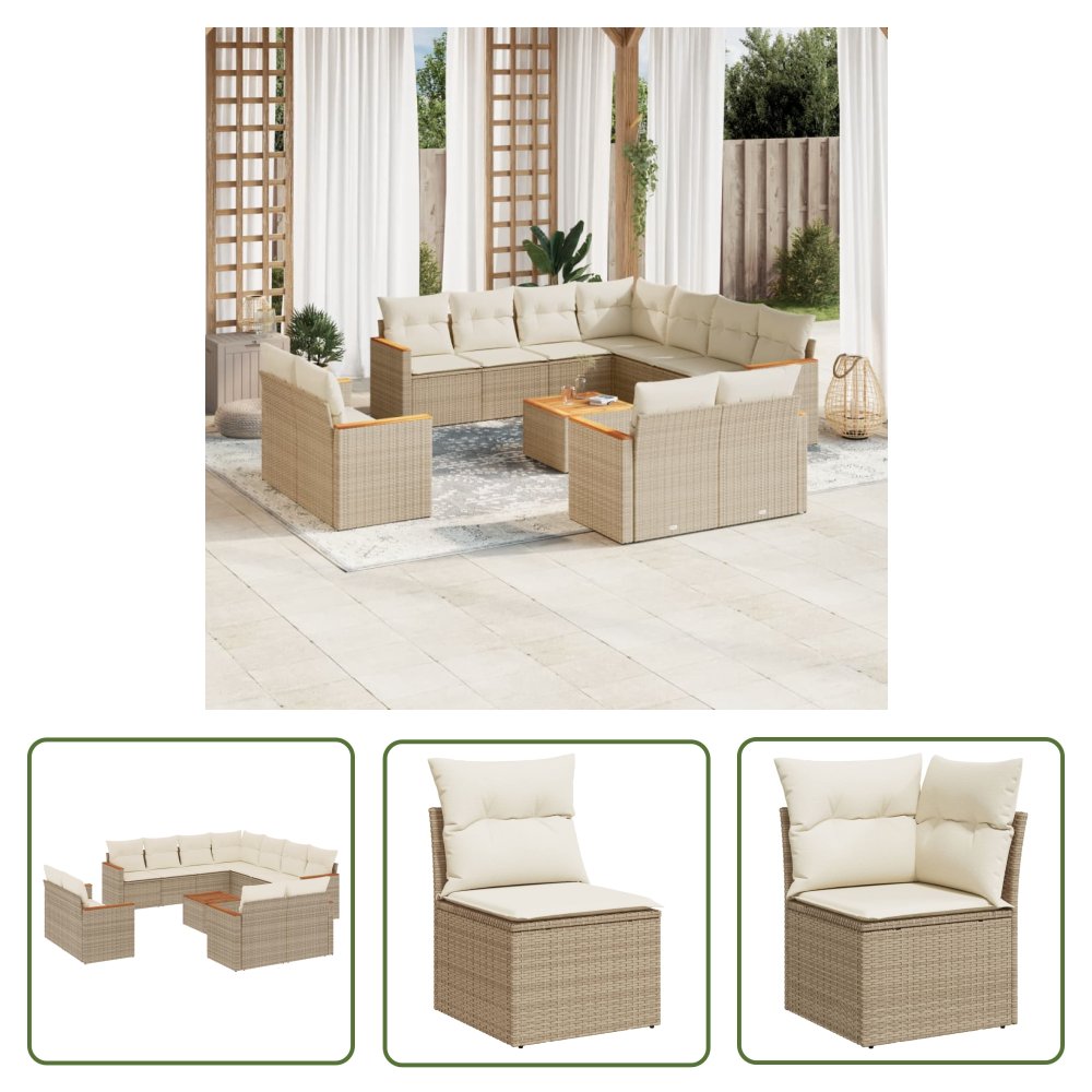 The Living Store 12-cz. zestaw mebli ogrodowych z poduszkami - beżowy - polirattan - Sofa Ogrodowa