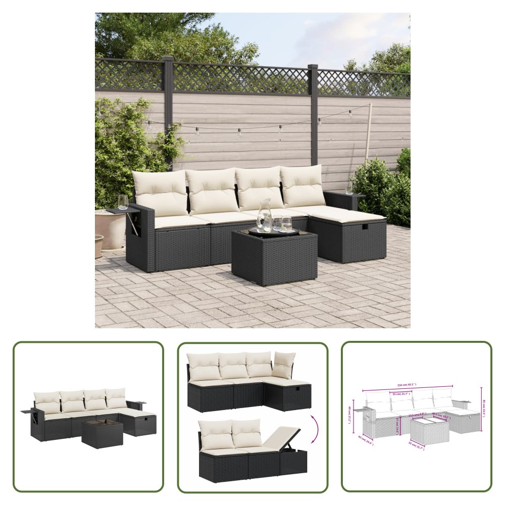 The Living Store 6-cz. zestaw mebli ogrodowych z poduszkami - czarny polirattan - Sofa Ogrodowa