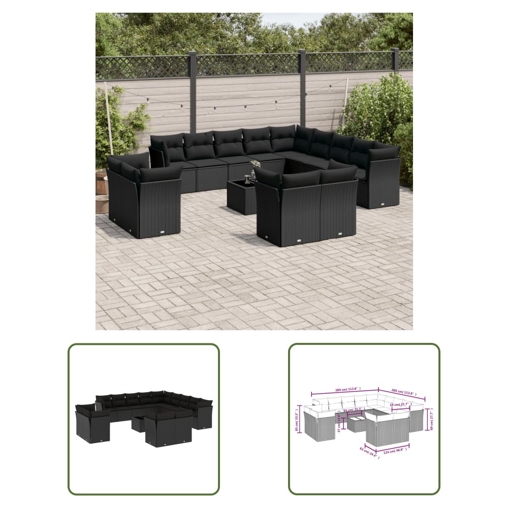 The Living Store 14-cz. zestaw wypoczynkowy do ogrodu - poduszki czarny rattan PE - Sofa Ogrodowa