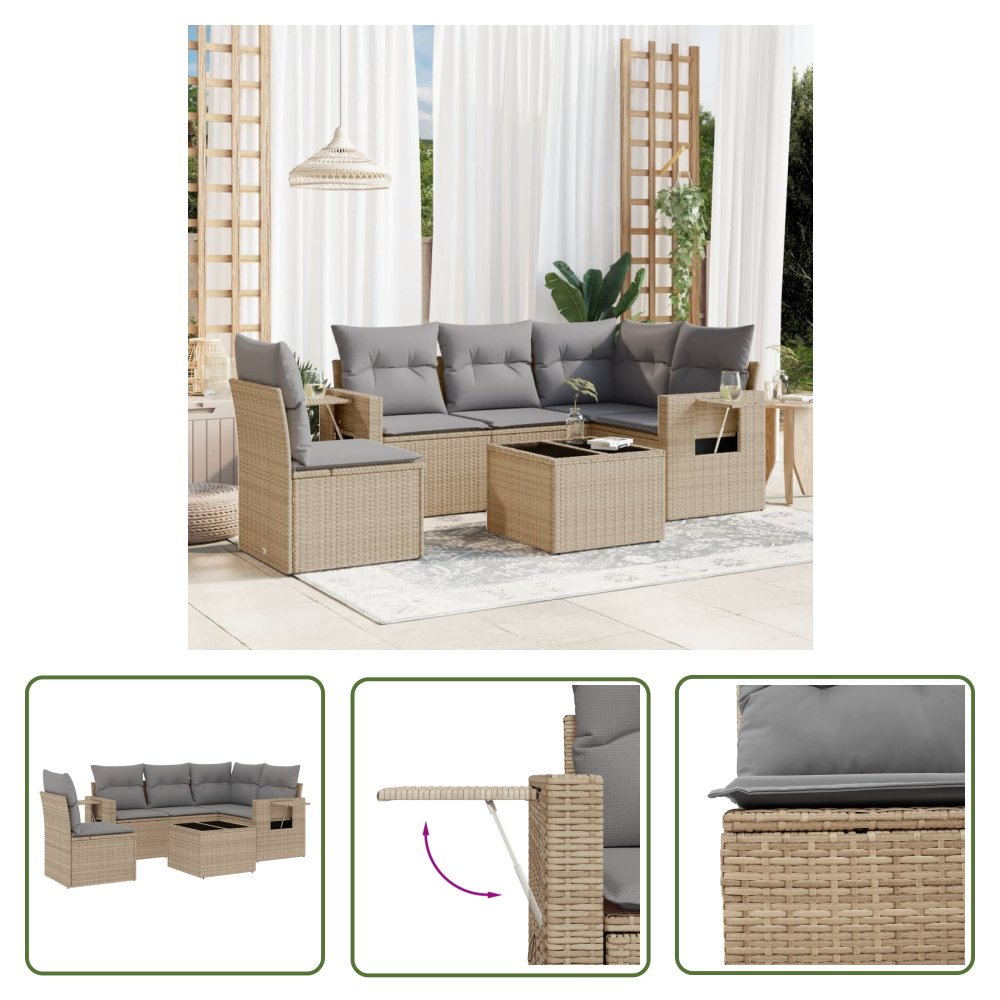 The Living Store 6-cz. zestaw mebli ogrodowych z poduszkami - beżowy - polirattan - Sofa Ogrodowa
