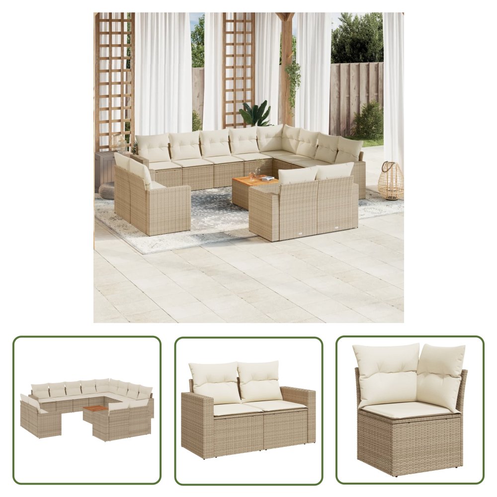 The Living Store 13-cz. zestaw mebli ogrodowych z poduszkami - beżowy - polirattan - Sofa Ogrodowa