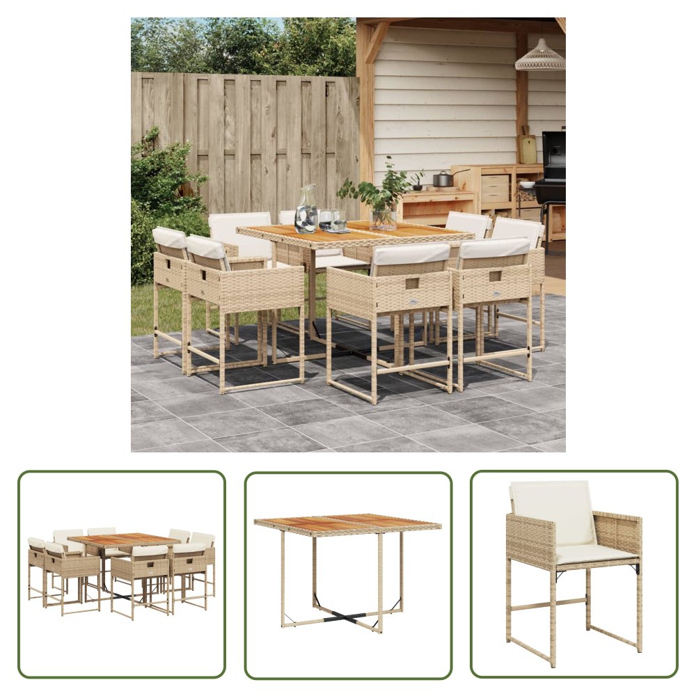 The Living Store 9-cz. zestaw mebli ogrodowych z poduszkami - beżowy - polirattan - Meble Ogrodowe