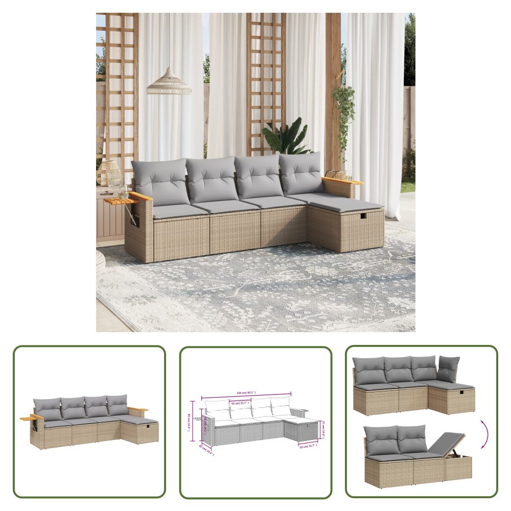 The Living Store 5-cz. zestaw mebli ogrodowych z poduszkami - mieszany beż - Sofa Ogrodowa