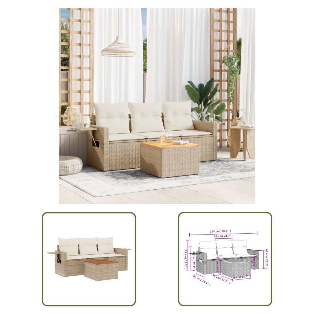 The Living Store 4-cz. zestaw mebli ogrodowych z poduszkami - beżowy - polirattan - Sofa Ogrodowa