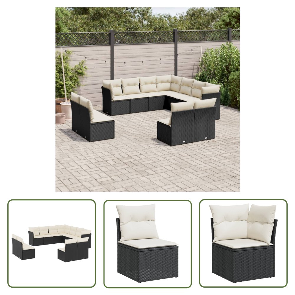 The Living Store 11-cz. zestaw wypoczynkowy do ogrodu - poduszki czarny rattan PE - Sofa Ogrodowa