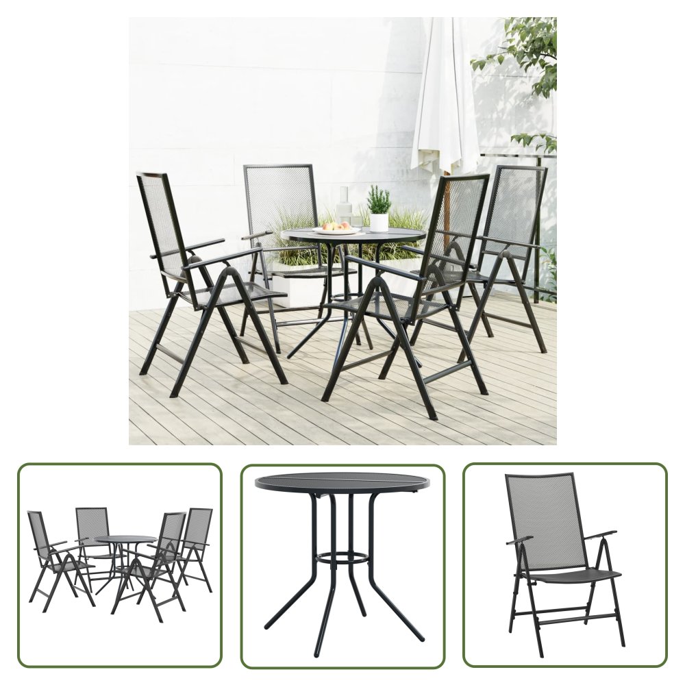 The Living Store 5-cz. zestaw z rozkładanymi krzesłami - antracytowy - stal - Zestaw Mebli Ogrodowych