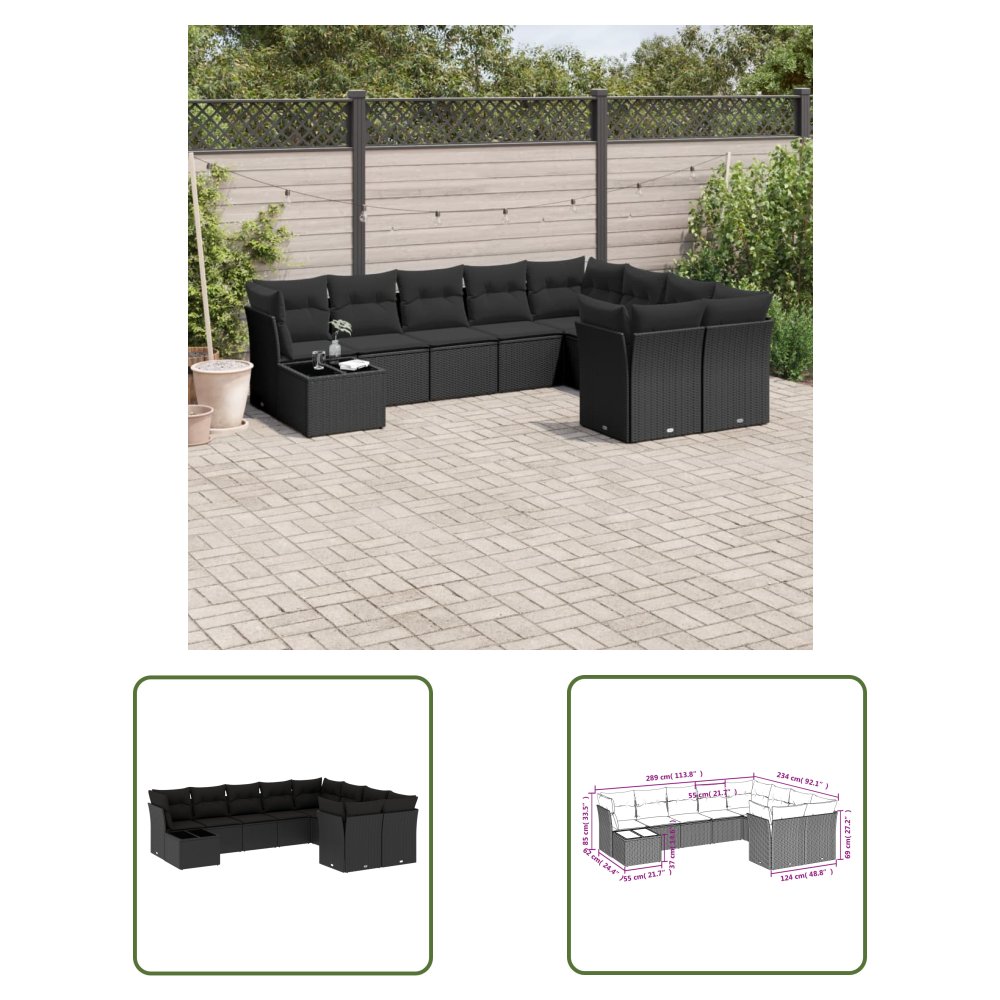 The Living Store 10-cz. zestaw wypoczynkowy do ogrodu - poduszki czarny rattan PE - Sofa Ogrodowa