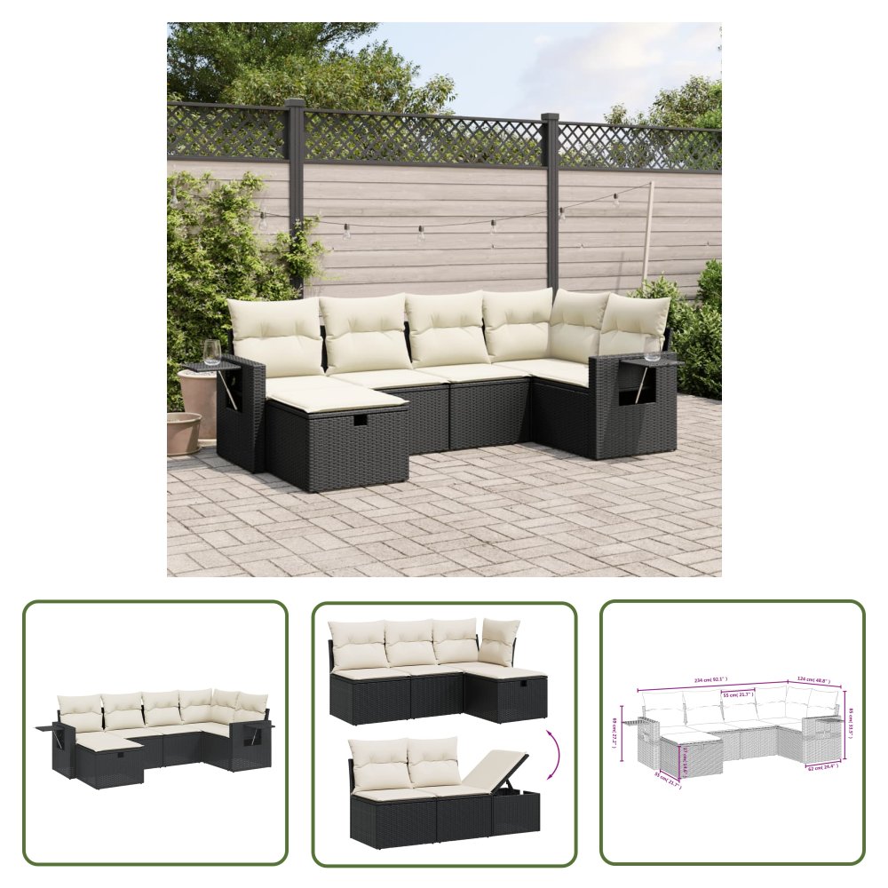 The Living Store 6-cz. zestaw mebli ogrodowych z poduszkami - czarny polirattan - Sofa Ogrodowa