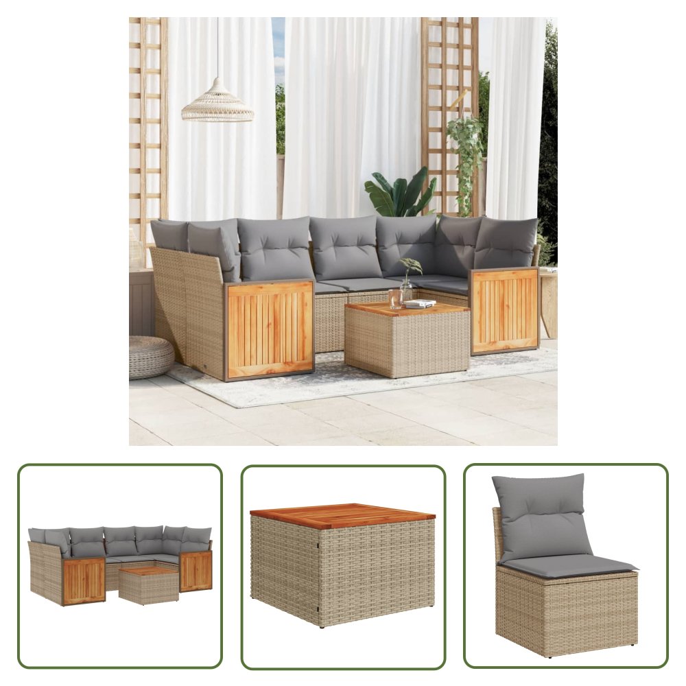 The Living Store 7-cz. zestaw wypoczynkowy do ogrodu - z poduszkami - beżowy - Sofa Ogrodowa