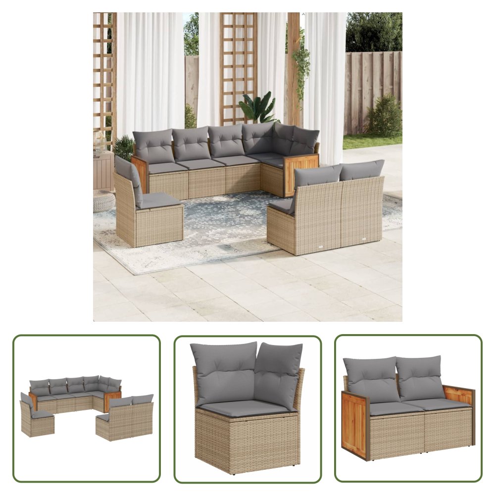 The Living Store 8-cz. zestaw mebli ogrodowych z poduszkami - beżowy - polirattan - Sofa Ogrodowa