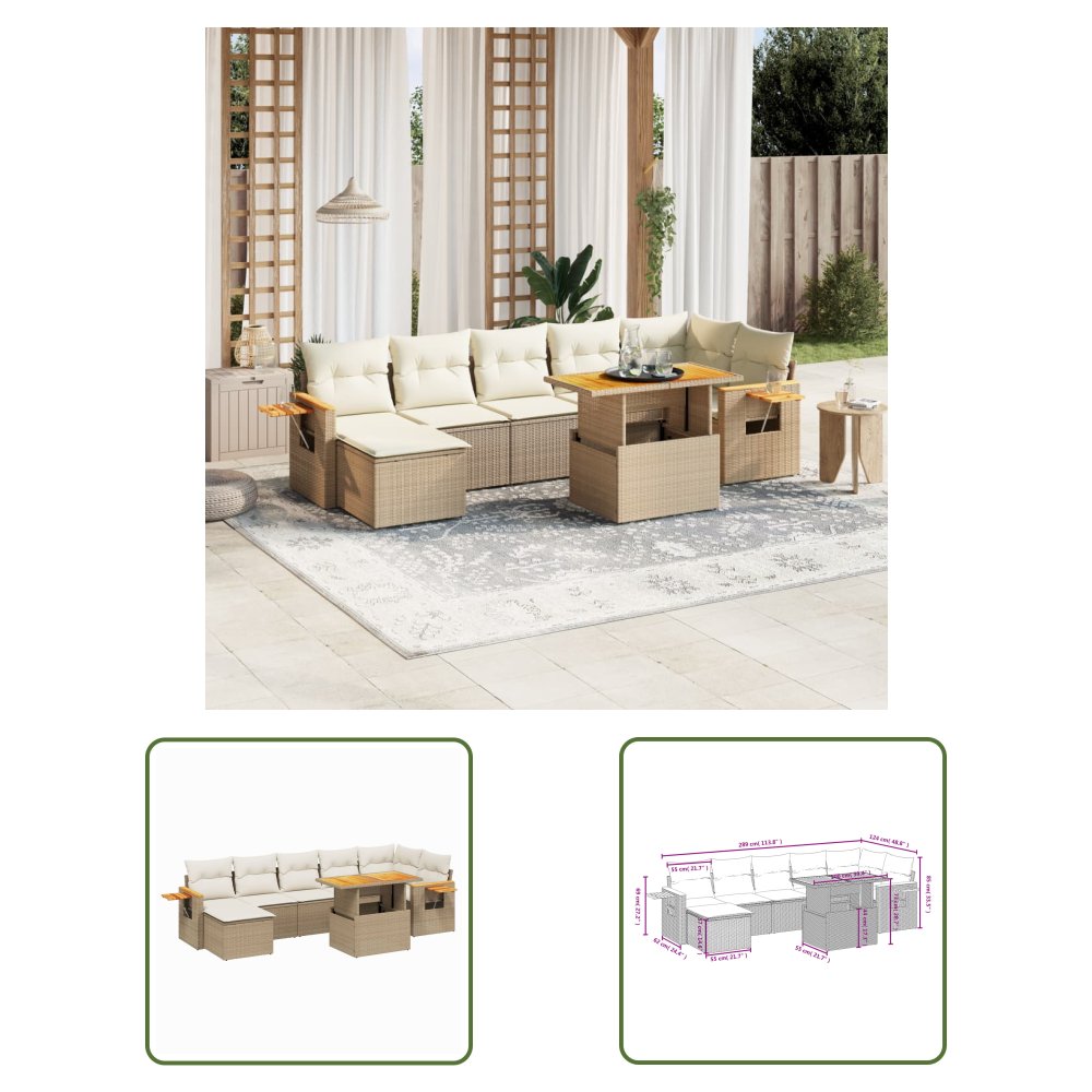 The Living Store 8-cz. zestaw mebli ogrodowych z poduszkami - beżowy - polirattan - Sofa Ogrodowa