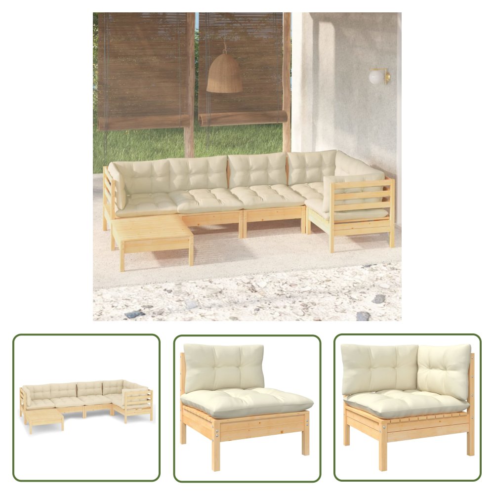 The Living Store 6-cz. zestaw wypoczynkowy do ogrodu - kremowe poduszki - sosnowy - Zestaw Wypoczynkowy Do Ogrodu