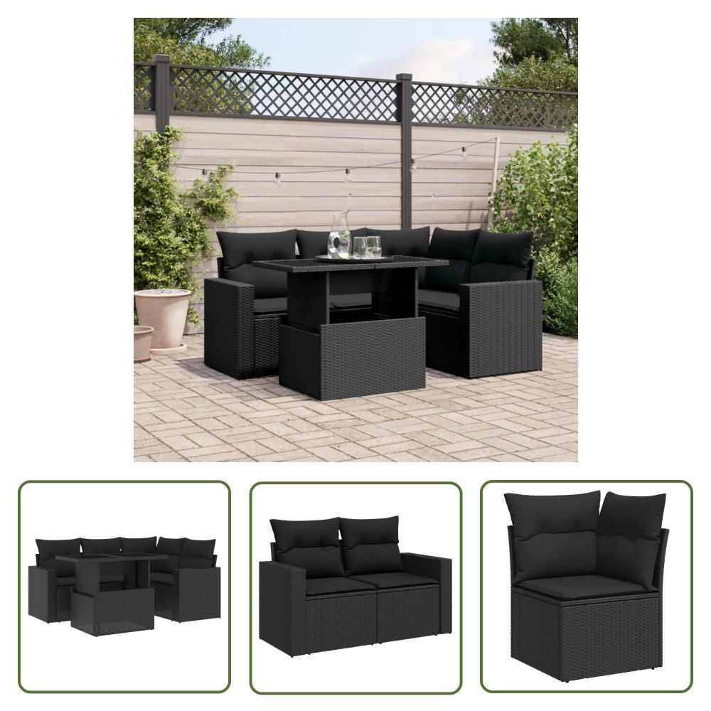 The Living Store 5-cz. zestaw wypoczynkowy do ogrodu - poduszki - czarny rattan PE - Sofa Ogrodowa
